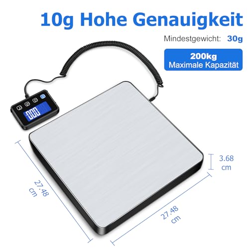 KUAIVO Paketwaage, 200kg/10g Hochpräzise Plattformwaage mit LCD/Hold/Tara Funktion, Postwaage aus Edelstahl für Pakete, Gepäck, Lagerhaus, Unternehmen und für den Hausgebrauch, Aufladbar