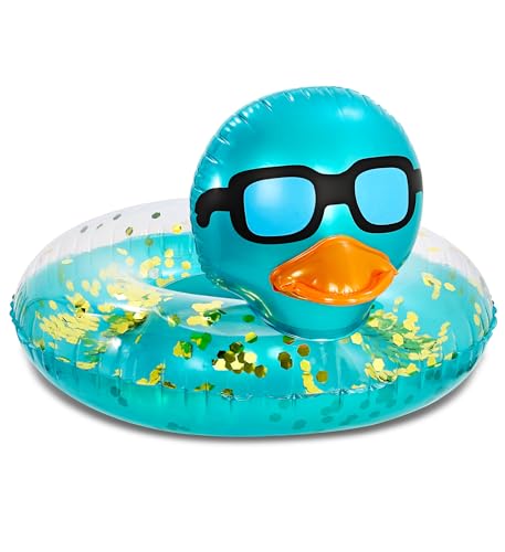 POZA Inflatable Duck Pool Float Tube- Heavy Duty Vinyl UV Resistant Confetti Pool Duck Floatie, Animal Pool Float Swim Ring Pool Inflatables for Kids and Adults for Beach, Party, Vacation - Blue Gold