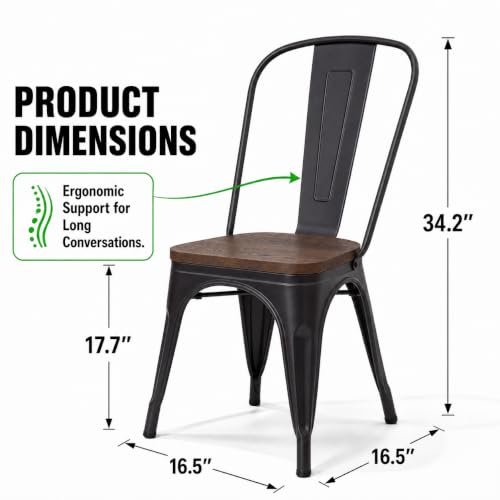 Image of Furmax Metal Dining Chairs with Wood Seat, Indoor-Outdoor Use Stackable Chic Dining Bistro Cafe Side Metal Chairs Set of 4(Black)