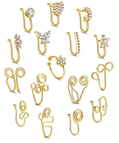 IRONBOX 16Pcs African Nose Cuff Non Piercing for Women Men Fake Nose Rings Piercing Butterfly Flower Moon Star Crystal Clip On Nose Ring Nose for Non Piercing Jewelry