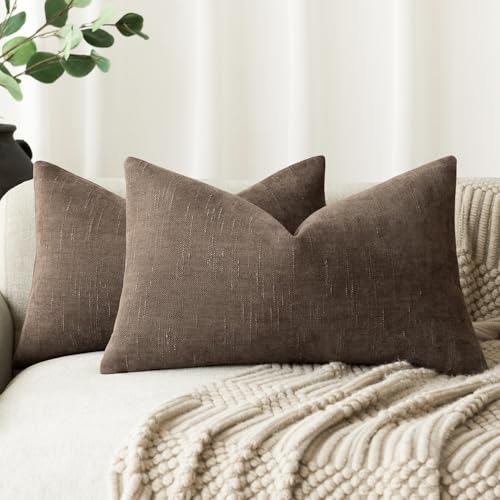Image of Foindtower Pack of 2 Soft Textured Chenille Throw Decorative Pillow Covers Lumbar Accent Solid Cushion Cover Cozy Neutral Farmhouse Pillow Case for Couch Sofa Bedroom Living Room 12x24 Inch, Chocolate