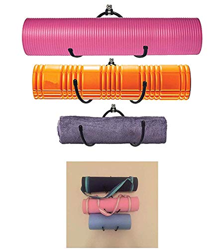 3 Pack Wall Mount Foam Roller Holder and Yoga Mat Storage and Towel Rack - Flexible Adjustable Hooks - Ideal for Home, Small Studio,Fitness Class or Commercial use
