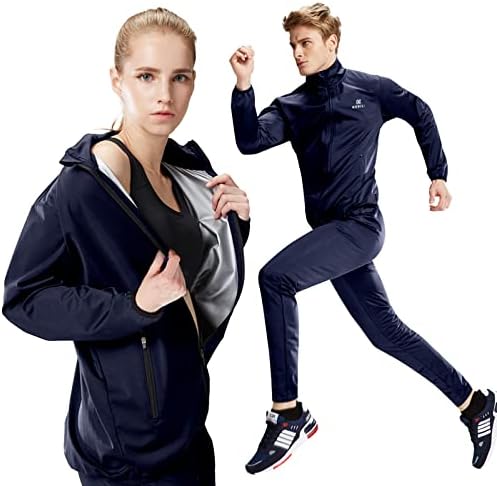KEBILI Sauna Suit Full Zip for Women Weight Loss Sweat Gym Fitness Exercise Hot Burn Fat Training Men Sweatshirt Full Zip Suit or Top (NAVY Full Zip Suit, Top - 2XL/Pants - 2XL)