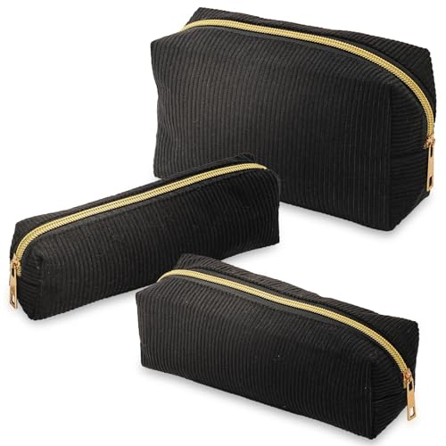 3 Pezzi Borsa Cosmetica, Borsa da Toilette in Velluto a Coste, Pochette Trucchi Donna, Bustina Cosmetica da Viaggio con Cerniera, Portatrucchi da Viaggio, Organizzatore Borsetta (Nero)