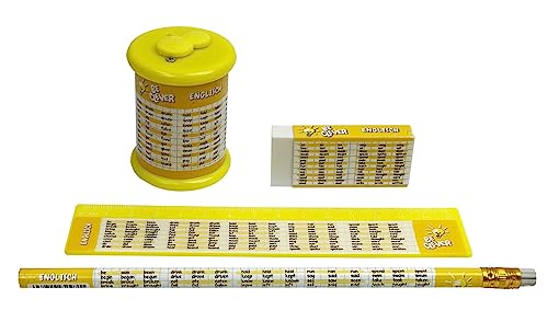 itsisa Schreibset Gelb Spickzettel ENGLISCH mit Doppel Spitzer, Bleistift, Radiergummi, Lineal - Schule, Einschulung, Schultüte