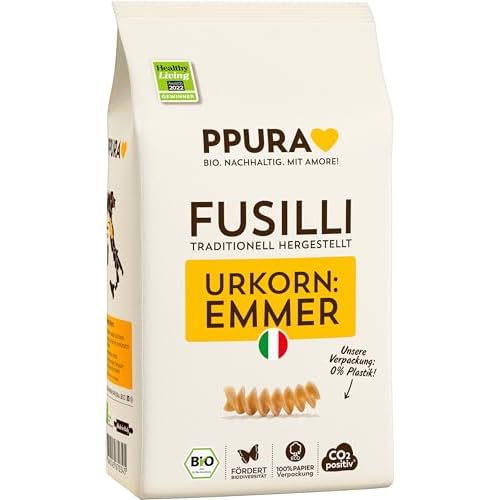 PPURA Bio Fusilli Emmer Pasta 500 g, 100% natürliche Spiralnudeln aus dem Urkorn Emmer, Made in Italy - italienische Nudeln ohne Zusatz-, Farb- oder Konservierungsstoffe