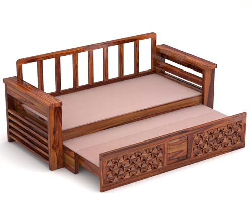 Image of Solid Wood Sofa Cum Bed for Living Room | Wooden Pull-Out Sofa Bed with Carved Front Design | Modern 3 Seater Convertible Diwan Bed for Home & Guest Room (Honey Finish)