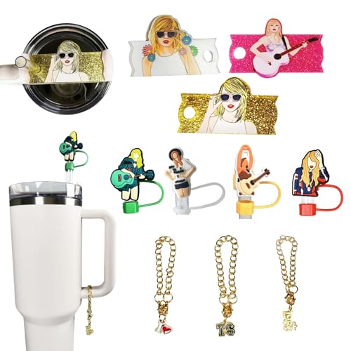 Music Theme Stanley Cup Accessories Set 4 pcs of 10mm Straw Covers Cap 3pcs 40oz Stanley Name Plate 3pcs Charms Popular Singer Tumbler Decorations