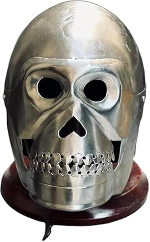 Medieval Armor Skeleton Skull Helmet, Silver, Full Face Protection, Decorative Display with Wooden Stand, for LARP, Cosplay, Historical Reenactments