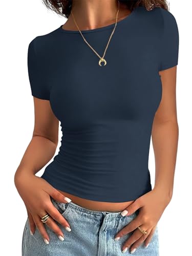 Minetom Damen T-Shirt Slim Fit Basic Kurzarm Crop Top Casual Rundhalsausschnitt Y2K Tops Sommer Oberteile Stretch Eng Mädchen Teenager Streetwear Vintage Aesthetic Outfit A Dunkelblau XS