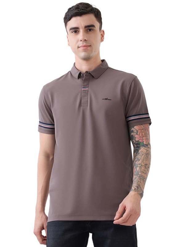 nostrum Men's Light Brown Cotton Polo T-Shirt, Regular Fit Tshirt for Men, Half Sleeve with Striped Detailing, Western Style Collar, Casual Wear-picture-22