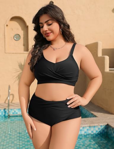 Tuopuda Plus Size Bikini Sets for Women Two Piece Bikini Top High Waisted Bikini Bottom Tummy Control Ruched Bathing Suits Swimming Costume 2 Piece Padded Beachwear Push Up Swimwear, Black, 4XL