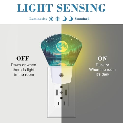 Image of Fantasy Lake Forest Plug in Night Lights, Full Moon in Starry Sky Nightlight Plug Into Wall Dusk to Dawn Sensor for Kid Girls Boys Women Men Room, Hallway, Kitchen, Bathroom, Stairs Decor