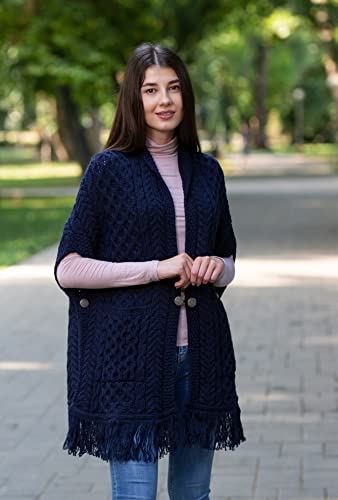 Image of SAOL 100% Merino Wool Shawl /Poncho Sweater /Open Cardigan /Wool Cape with Pockets with Fringe Trim and Trinity Knot Button