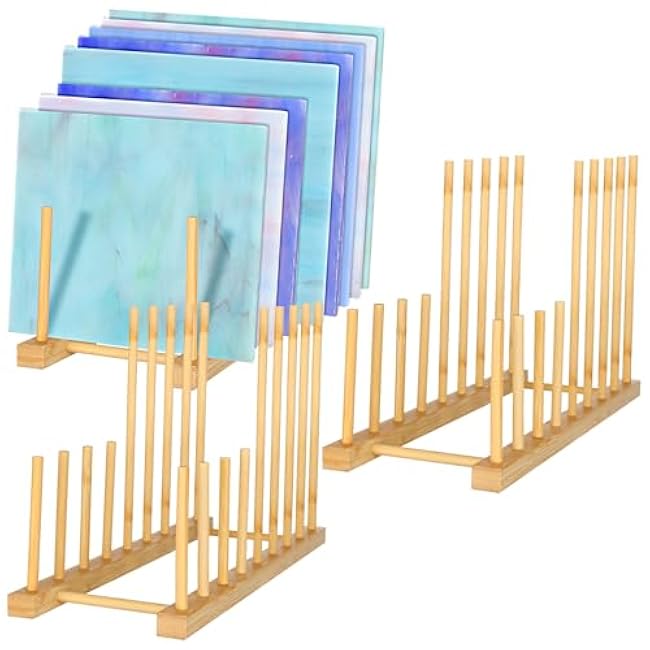 3Pack Stained Glass Organizer Bamboo Dish Plate Rack Wooden Dish Plate Stand Stained Glass Holder Space Saving Bamboo Drying Rack Baby Bottle Drying Rack, 8 Slots Organizer