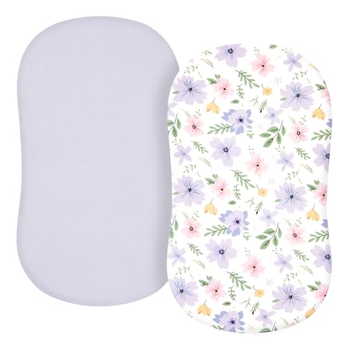Image of TILLYOU Baby Bassinet Sheets for Girls Boys, Fit for Hourglass Oval Rectangle Bassinet Mattress Sheets, 33”X16”, 2 Pack Brilliant Little Flowers and Purple