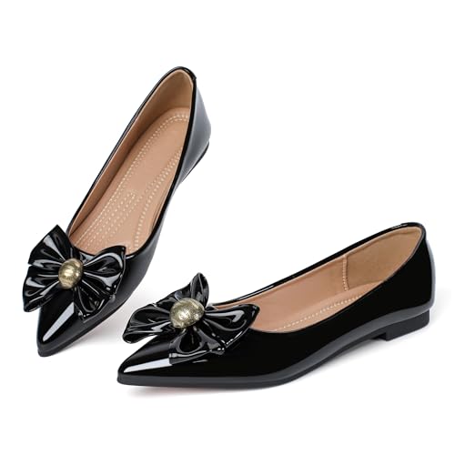 Flats for Women Pointed Toe Leather Ballet Flat Shoes Bow Comfortable Dress Shoes for Work Office