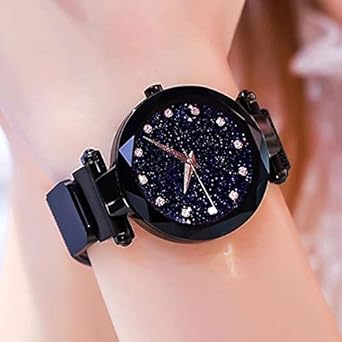 Acnos Black Round Diamond Dial with Latest Generation Black Magnet Belt Analogue Watch for Women Pack of - 1 (DM-BLACK05)