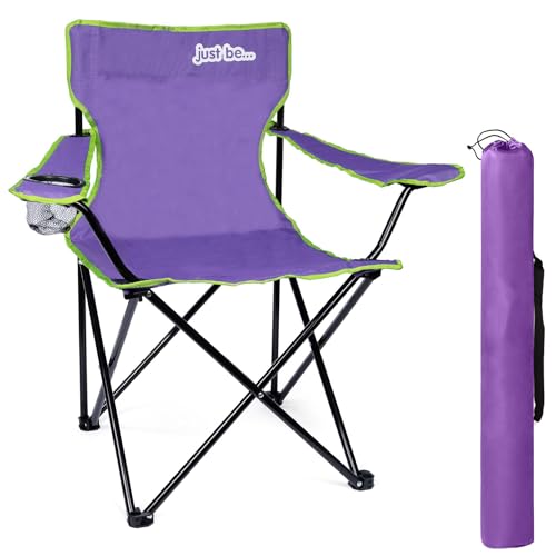 just be… Campingstuhl. Klappstuhl fürs Camping, Angelstuhl mit Armlehne und Getränkehalter in unterschiedlichen Farben – Violett/Grun