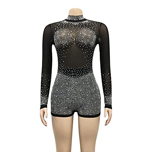 Oluolin Women's Sexy Sequin Rhinestone Mesh Bodycon Short Jumpsuit Crew Neck Long Sleeve Clubwear Party Romper #TOP2