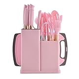 19-Piece Kitchen Utensil & Knife Block Set: 12 Non-Stick, Heat-Resistant Silicone Cooking Utensils (Spatula, Tongs, Ladle, Scissors) + 5 Sharp Kitchen Knives & Cutting Board (Pink)