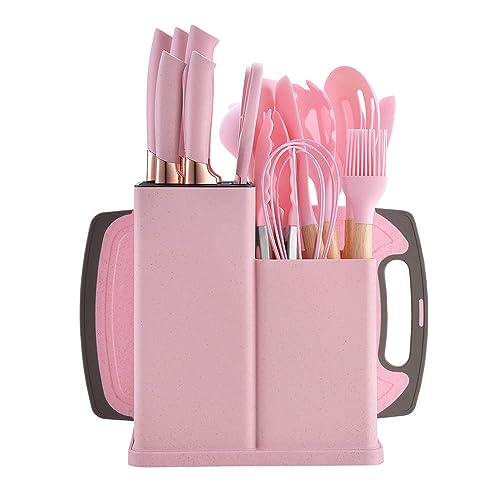 19-Piece Kitchen Utensil & Knife Block Set: 12 Non-Stick, Heat-Resistant Silicone Cooking Utensils (Spatula, Tongs, Ladle, Scissors) + 5 Sharp Kitchen Knives & Cutting Board (Pink)