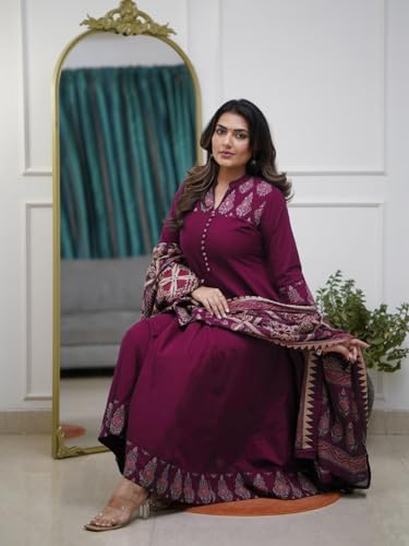 Image of GoSriKi Women's Rayon Viscose Anarkali Printed Kurta Pant with Dupatta | Anarkali Kurta Set for Women | Flared Kurti Pant Set | Ethnic Printed Suit for Women