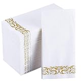 JOLLY CHEF 100 Disposable Hand Towels , Soft and Absorbent Line-Feel Dinner Napkin, Elegant Decorative Paper Guest Towels for Kitchen, Bathroom,Weddings,Parties, Gold and White