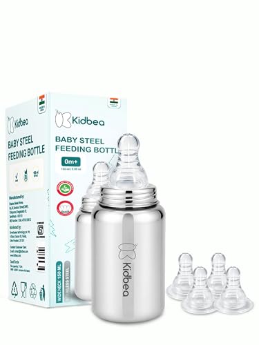 Image of Kidbea Steel Feeding Bottle 150ml for Newborns with Extra 4 Silicon Nipples | BPA Free, Food Grade, Leakproof | Safe & Durable Baby Milk Feeder