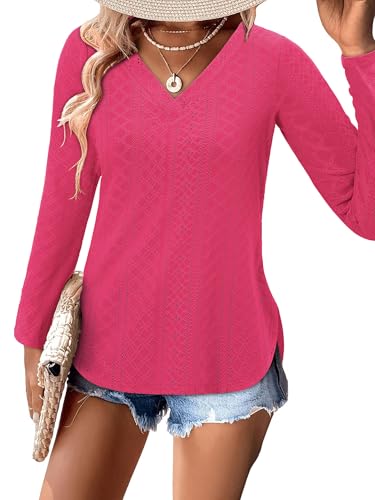 KISSMODA Long Sleeve Fall Shirts For Women V Neck Tunic Tops Embroidered Button Down Knitted Blouses 2025