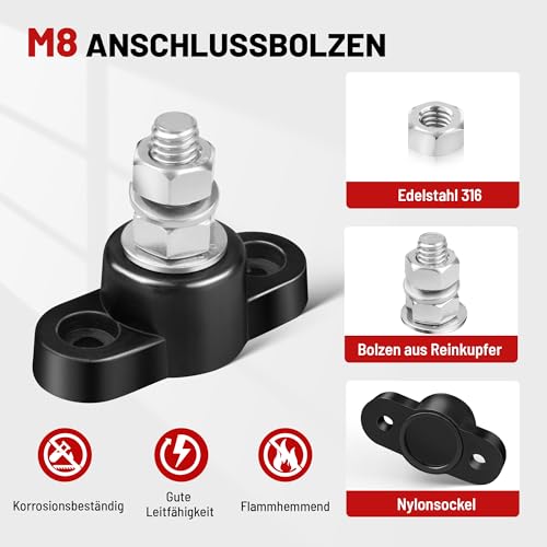 RED WOLF M8 Anschlussbolzen 150A 12V, Batterieklemmenblöcke Busbar for Kfz Lkw Wohnmobil Boot Stromverteilungs Klemmblock 2 Stück Einzelbolzen Sammelschienen