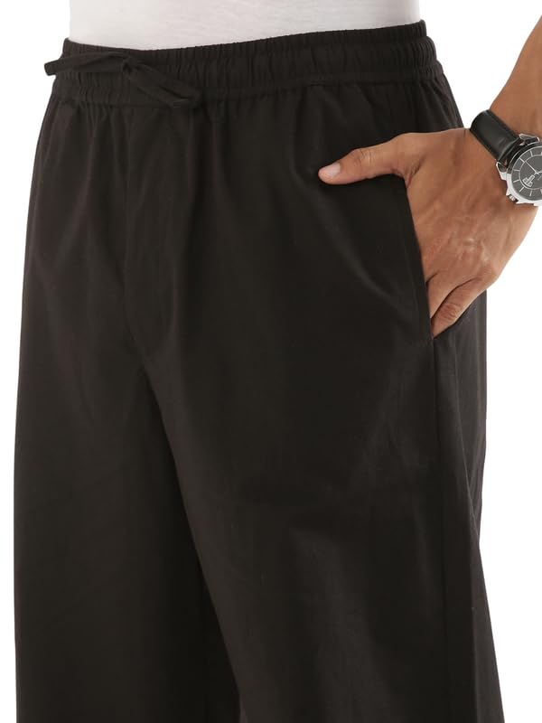 Image of SAADAA Men's 100% Cotton Pants | Mid-Rise Straight Fit Casual Trousers with Elastic Waistband and 3 Pockets | Everyday Wear