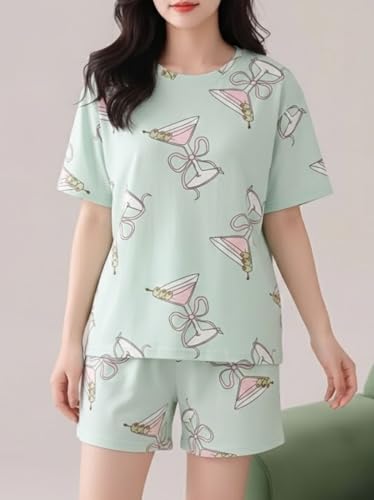 Image of Korean Night Dress |Shorts Set |Round Neck Half Sleeve Nightsuit |Premium Cotton Blend Stylish Digital Printed Pajama Co-ords |Matching 2 Piece Sleepwear Nightwear Cute Pjs |Casual Lounge Sets