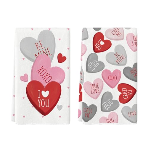 Artoid Mode Red Grey Heart True Love Forever Valentine's Kitchen Towels Dish Towels, 18x26 Inch Anniversary Wedding Decoration Cleaning Set of 2