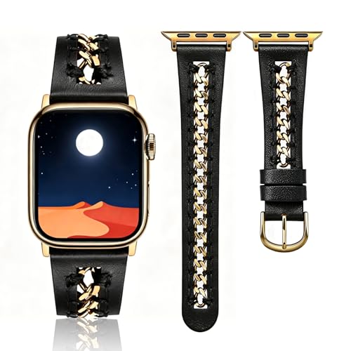 Image of HANDODO Italian Genuine Leather Band with gold chain details, Compatible with Apple Watch Series 11 10 9 8 7 6 5 4 3 2 1 SE SE2 Ultra 2 /3, SGS Certified Fashion Dressy Strap for women men