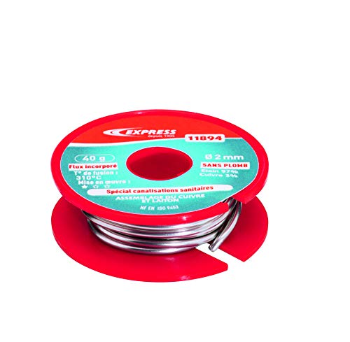 Soldadura de Estaño para Tubos de Cobre, Latón y Sanitarios (Agua Potable) - Hilo de Estaño - 97% de Estaño y 3% de Cobre (sin Plomo) - 40 g - Ø 2 mm - Flujo Incorporado - EXPRESS
