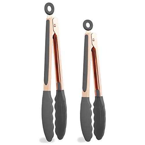 COOK WITH COLOR Stainless Steel Silicone Tipped Kitchen & BBQ Tongs Set, 2 Pc Tongs, Grey
