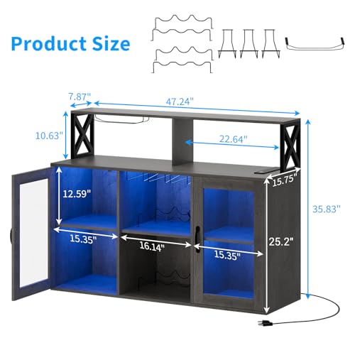 Image of Modern Wine Bar Cabinet with LED Light & Power Outlets - Sideboard Buffet with Wine Rack, Glass, Ample Storage - Freestanding Liquor Storage for Dining Room, Kitchen, Living Room