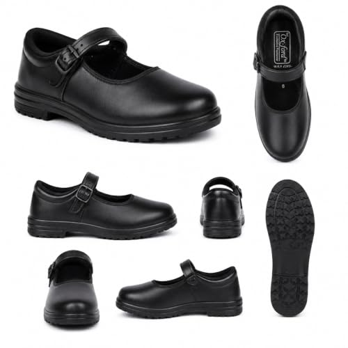 Image of Girls Black School Shoes with Adjustable Strap & Non-Slip Sole