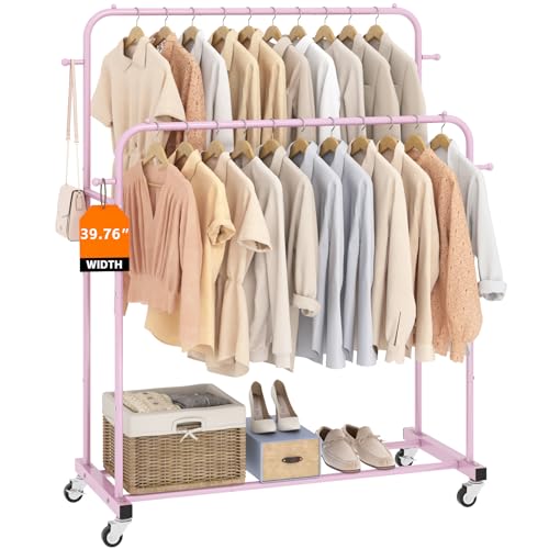 Laiensia Double Rods Garment Rack with Wheels, Clothing Rack for Hanging Clothes,4 Hooks, Multi-Functional Bedroom Clothes Rack, Pink