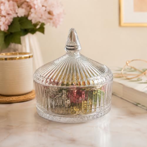 Image of bellemax Ribbed Glass Candy Jar with Lid, Clear Decorative Storage Container for Candy, Cookies, Dry Fruits, Chocolates, Snacks & Kitchen (Pack of 1)