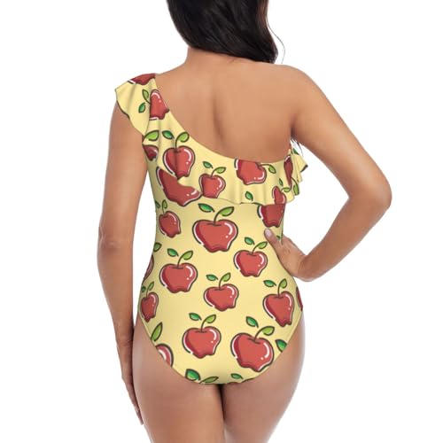 Kuilepa Damen- Badeanzug, asymmetrisch, einschulterig, gerüscht, schlankmachend, rot mit Früchten, Schwarz, XX- Large-5