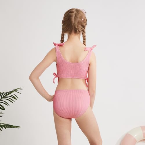 Girls 2 Pieces Swimsuits Solid Swimwear Bowknot Shoulder Strapes Bikini Set 9-16 Years Teen Girl Summer Bathing Suit3
