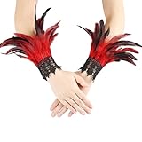 MAOFENG Women's Gothic Lace Feather Gloves Feather Arm Sleeve Wristband Mesh Cuff Cosplay Wedding Halloween Party Costume Accessories,Red
