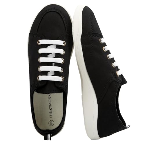 Image of FUNKYMONKEY Slip-On Canvas Sneakers for Women, Comfortable Lightweight Lace-Up Flat Casual Tennis Shoes Breathable Walking Shoes for Everyday Wear