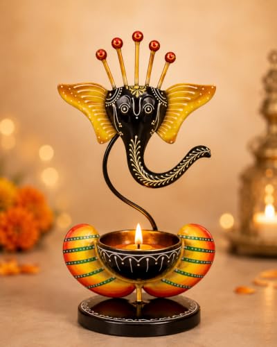 Image of Ganesha Iron Diya Holder - Handpainted Metal Tealight Candle Holder for Home Temple & Pooja Room | 11 Inch Decorative Showpiece, Diwali & Housewarming Gift (Black)