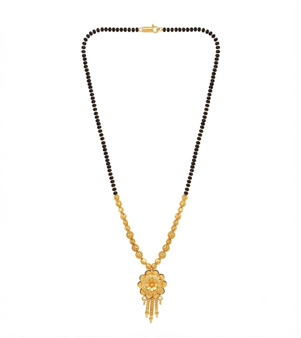 Gold Plated Floral Pendant Mangalsutra for Women, Traditional Black Beaded Short Chain Necklace, Ethnic Designer Daily Wear Artificial Jewelry (Gold & Black)-image-47