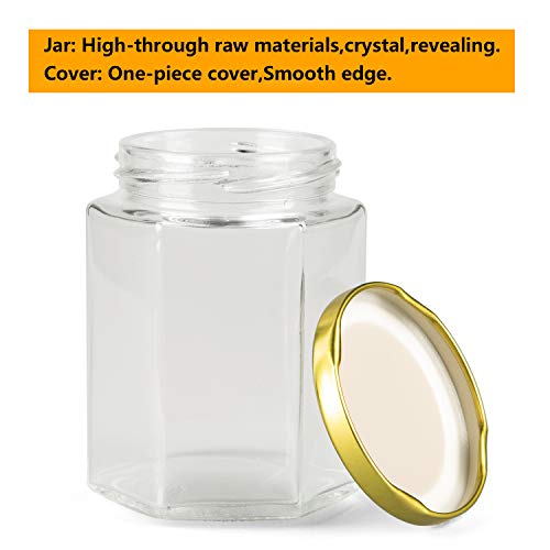 Encheng 10 oz Hexagon Jars,Clear Glass Jars With Lids(Golden),Mason Jars For Honey,Foods,Jams,Liquid,Herb Jars Spice Jars Canning Jars For Storage 20 Pack - Thumbnail 3
