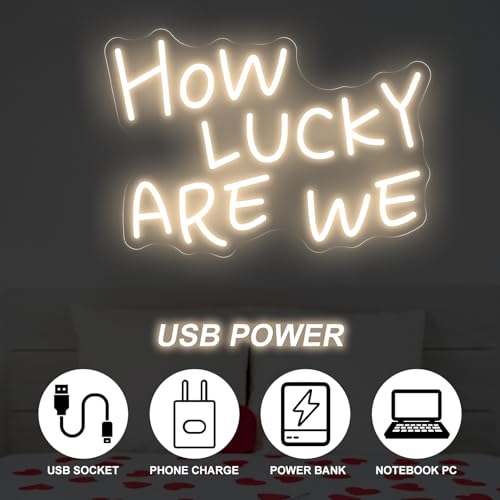 Image of How Lucky Are We Neon Sign, Romantic Anniversary LED Light, Home Bedroom Wall Decor,Valentine's Day Decor, Wedding Neon Wall Art, 15.7 inchx11 inch, Warrm White