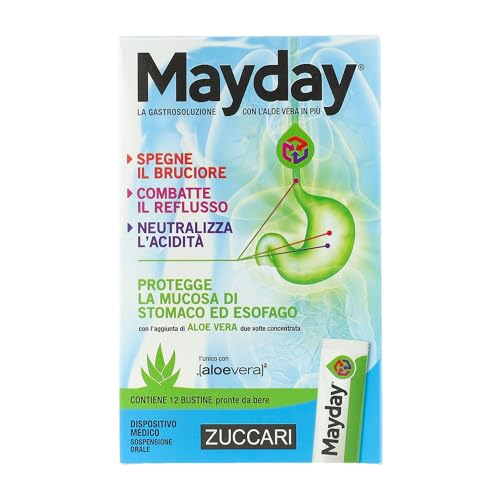 Zuccari Mayday Gastrosoluzione, 12 Stick-Pack da 10ml, Con Aloe Vera a Doppia Concentrazione, Sodio Alginato e Bicarbonato di Sodio, Sollievo per Reflusso Gastroesofageo e Iperacidità
